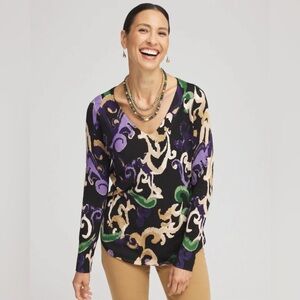 CHICOS Scroll Print V-Neck Pullover Sweater